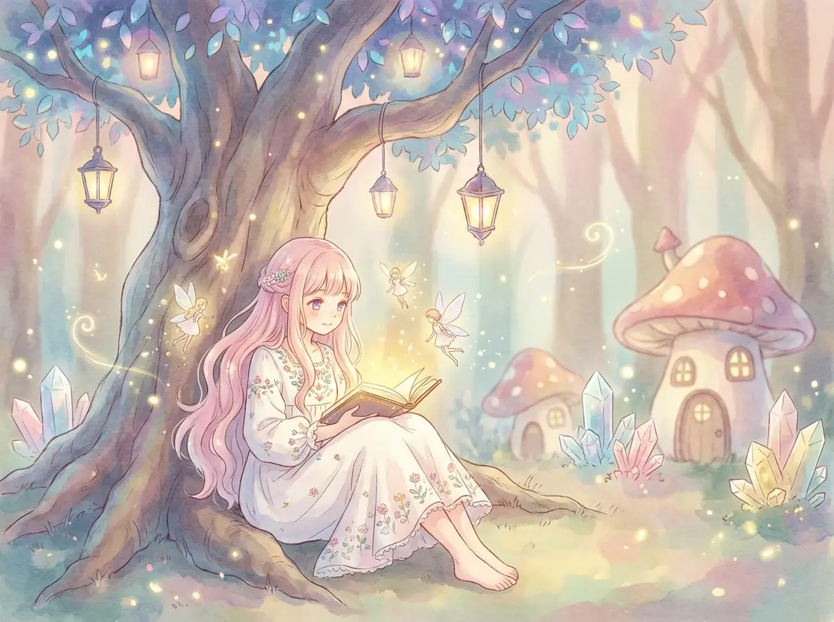 波罗蜜超级污的app - 魔法森林中阅读故事书的粉发少女与精灵